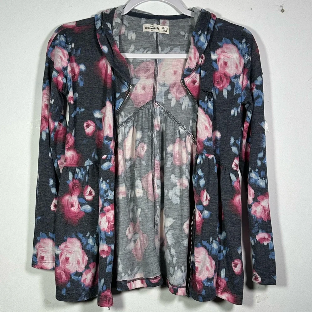 Abercrombie Kids Floral Rose gray Peplum Zip Up Hoodie Cardigan Size 13/14‎ NWOT
